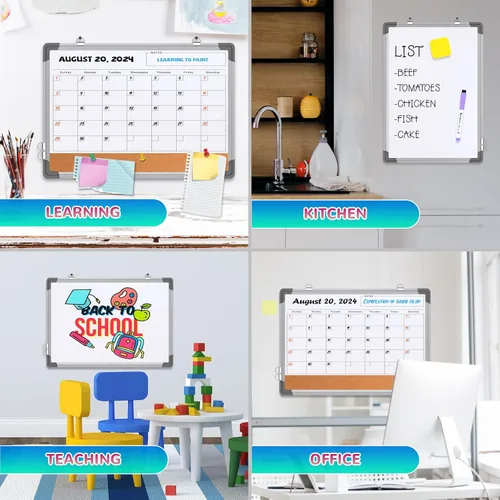 Miniatura 3 de Pizarra blanca de calendario mensual para pared, 24 x 18 pulgadas, pizarra de borrado en seco con tablero de corcho, pizarra blanca magnética, Blanco
