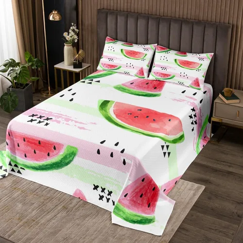 Miniatura 4 de Manfei Colcha de sandía, tamaño Queen, colcha acolchada con estampado de frutas Kawaii con 2 fundas de almohada, juego de colcha de rayas rosas