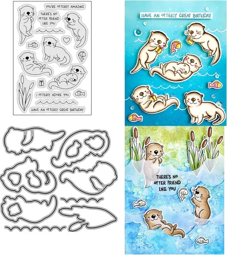 Juego de sellos y troqueles de nutria para hacer tarjetas, sellos transparentes y troqueles de corte de metal para álbumes de recortes, suministros