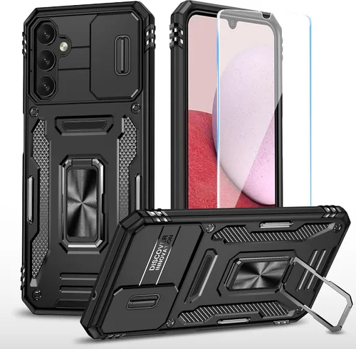 Miniatura 23 de SunStory Funda para teléfono Galaxy A14 5G [grado militar] con protector de pantalla HD, cubierta de cámara deslizante, soporte y material negro