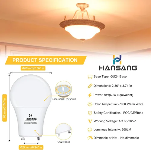 Miniatura 2 de Bombilla LED GU24 hansang, bombilla de forma A19, 9W (equivalente a 100W), 900 lúmenes, 2700K blanco cálido, base de bloqueo de torsión Gu24, Blanco