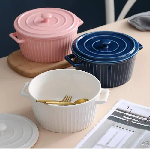 Miniatura 4 de Cacerola con tapa, cacerola de cerámica de 1.1 cuartos de galón para horno colorido (1, rosa)