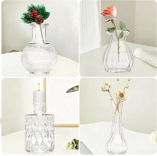 Miniatura 7 de KJHL Juego de 4 jarrones pequeños de cristal para flores, jarrones de flores pequeños transparentes vintage para centros de mesa de boda, mini