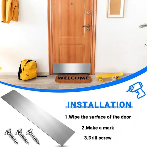 Miniatura 4 de Therwen 5 juegos de placas protectoras plateadas de 8 x 36 pulgadas para puertas exteriores, placas protectoras de aluminio satinado con tornillos