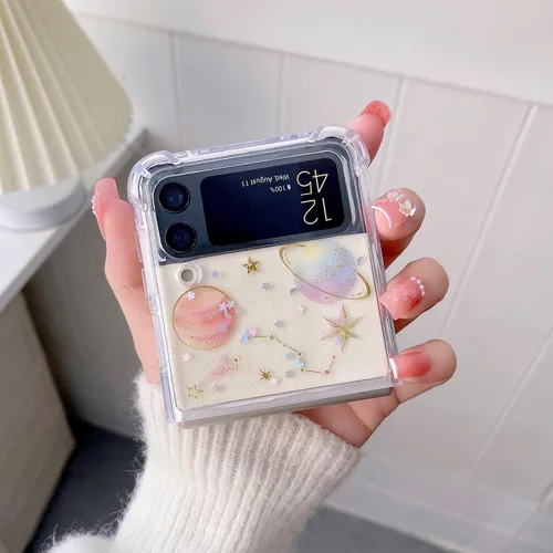 Miniatura 3 de Funda protectora para Galaxy Z Flip 4, suave y transparente de goma flexible, planeta y estrellas espaciales, brillantes, para niñas y mujeres, a
