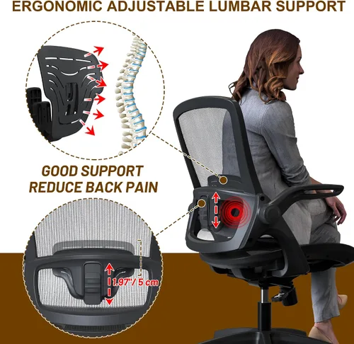 Miniatura 4 de KOLLIEE Silla de oficina en casa de malla ergonómica giratoria con soporte lumbar ajustable, silla de computadora cómoda negra con abatible