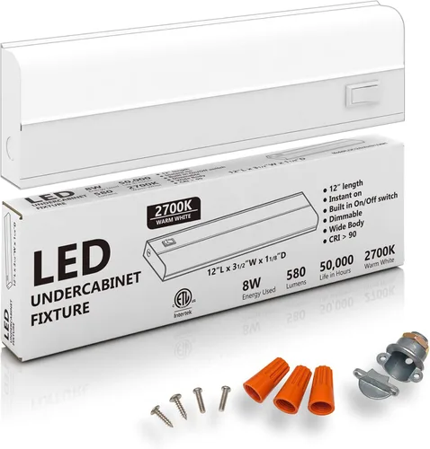 Iluminación LED cableada para debajo del gabinete - Regulable, CRI>90, 2700K (Blanco Cálido), Cuerpo Ancho, Base de Metal de Larga Duración con