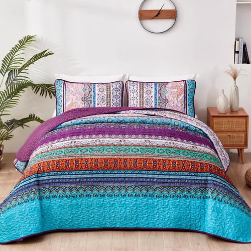 WONGS BEDDING Juego de Colcha Morada Tamaño King, Juego de Colchas Bohemias a Rayas de 3 Piezas, Colcha Ligera de Microfibra para Todas las Púrpura