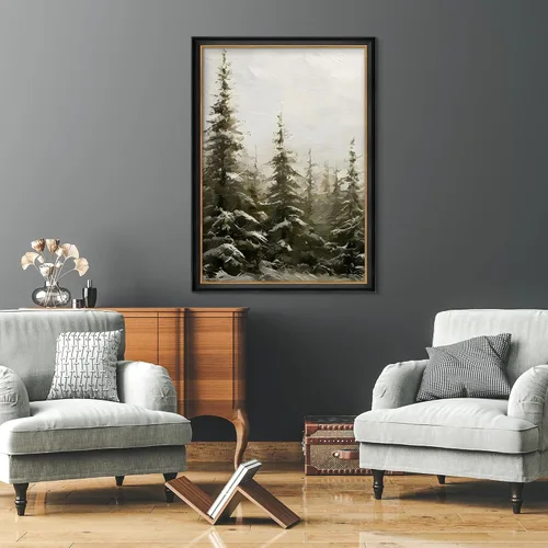 Miniatura 4 de MUDECOR Lienzo enmarcado prémium para pared, pinos nevados en bosque de invierno, ilustraciones modernas, arte contemporáneo, escénico, divertido