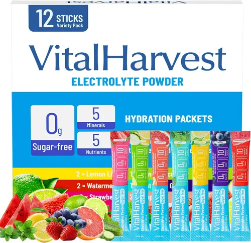 Miniatura 10 de VitalHarvest 24 Sobres de Polvo de Electrolitos Sin Azúcar Paquetes de Hidratación Mezcla de Bebida IV Diaria Líquida para Hidratación Rápida, Bajo