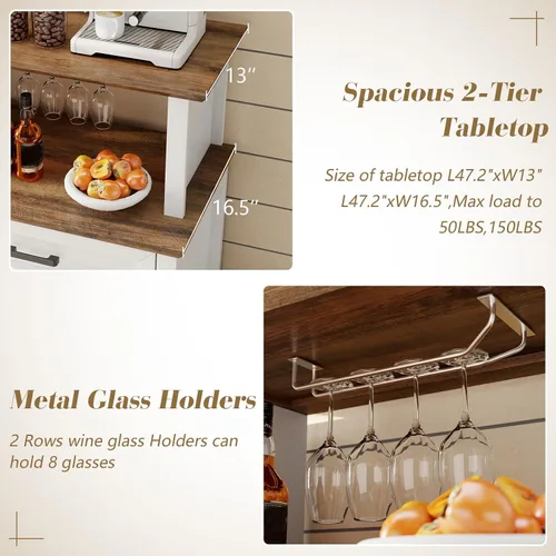 Miniatura 5 de LUXOAK Gabinete de Bar de Café Estilo Granja con Refrigerador Enfriador de Bebidas, Gabinete Rústico de Bar de Vino de 47" con Mini Refrigerador