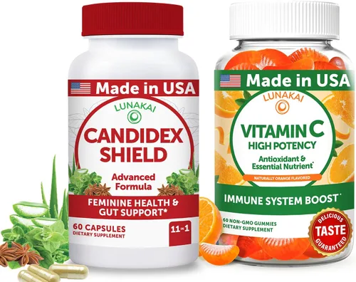 Lunakai Paquete de gomitas Candida y vitamina C fabricadas en Estados Unidos, apoyo intestinal e inmunológico con mezcla de hierbas y vitamina C de