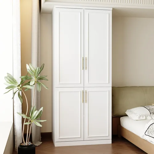 Miniatura 9 de FUFU&GAGA Armario estrecho con 2 puertas, moderno armario blanco para dormitorio con asas doradas, armario moderno de almacenamiento de ropa