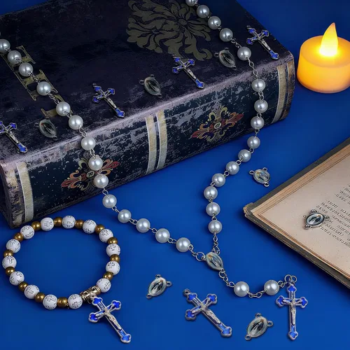 Miniatura 4 de 100 piezas de suministros para kits de fabricación de rosario, medallas con cruz y centro, dijes de aleación, crucifijos con imágenes religiosas