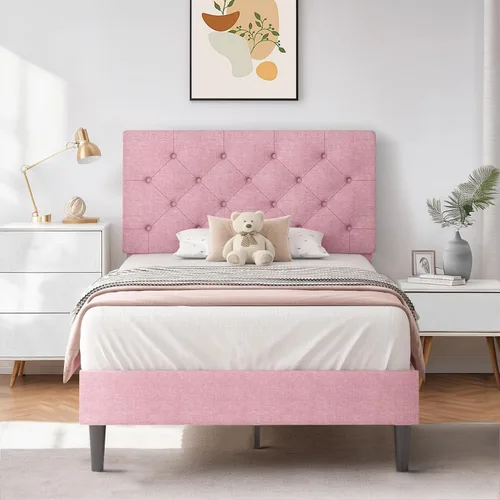 Miniatura 35 de HOMBCK Marco de Cama Queen con Cabecera Capitoné con Botones, Marco de Cama de Plataforma Tapizada Azul, Tela Suave/Soporte de Listones de Madera/No