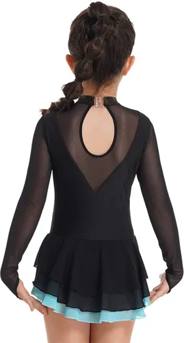 Miniatura 7 de Loyan Vestido de patinaje artístico brillante para niñas y niñas, de malla, de manga larga, patinaje sobre ruedas, competición de baile