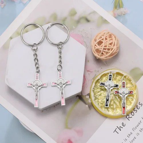 Miniatura 5 de Colgante de cruz esmaltada chapada en plata mixta para hacer joyas, collares, accesorios de joyería DIY, 0.827 in x 1.555 in (A625)