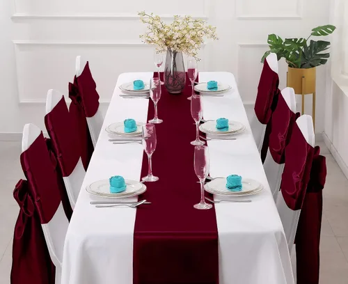 Miniatura 2 de Horbaunal Paquete de 24 caminos de mesa de satén burdeos de 12 x 108 pulgadas, caminos de mesa suaves para banquetes de boda, fiesta de cumpleaños