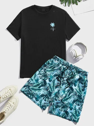 Miniatura 8 de GORGLITTER Conjunto de 2 piezas de camiseta gráfica de manga corta para hombre, estampado hawaiano con cordón y pantalones cortos