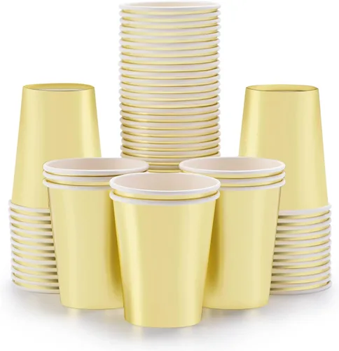 Vasos de papel dorados de 9 onzas [paquete de 50] desechables para café, bebidas frías y calientes, té, agua, leche, jugo, bebidas, purpurina