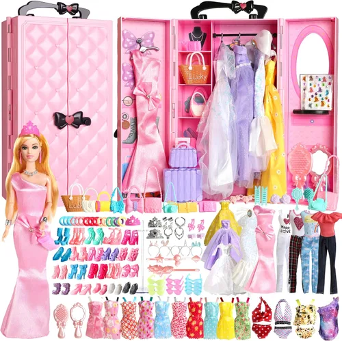 UCanaan Juego de ropa y accesorios para muñecas de 180 piezas, vestidos de princesa, vestidos, tops, pantalones, zapatos, perchas, armario de