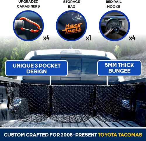 Miniatura 2 de TacoNets Red de carga de tres bolsillos para Toyota Tacoma 2005-2024, diseño patentado, organizadores y almacenamiento de caja de camioneta