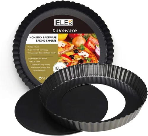 IELEK Moldes antiadherentes de 12 pulgadas para quiche, molde redondo extraíble con fondo suelto acanalado resistente para tartas