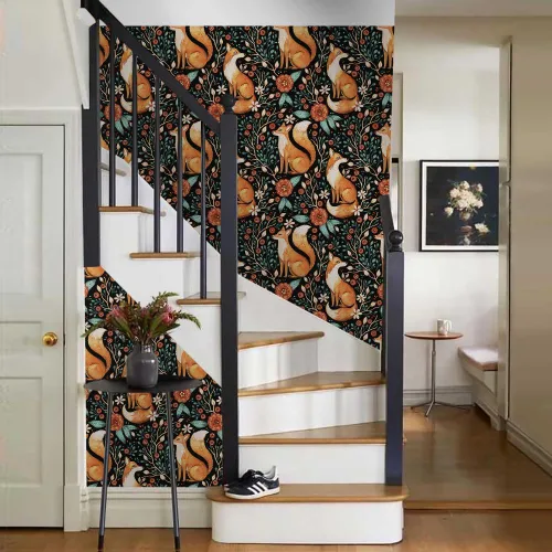 Miniatura 6 de Papel tapiz autoadhesivo de 18 x 236 pulgadas, diseño floral de zorros salvajes oscuros, papel de contacto extraíble, papel de pared fácil