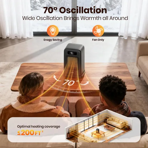 Miniatura 4 de FLANUR Calentadores de espacio para uso en interiores, calentador de escritorio pequeño de 1500 W con control remoto, termostato, 4 modos, Negro