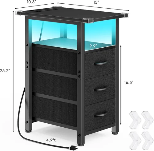 Miniatura 3 de Vagusicc Mesita de noche negra con estación de carga y luces LED, mesa auxiliar estrecha, mesita de noche LED con 3 cajones de tela para dormitorio