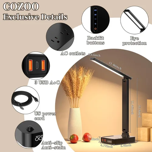 Miniatura 2 de COZOO Lámpara de escritorio LED con 3 puertos de carga USB, 2 tomas de corriente CA, 3 modos de color y 3 niveles de brillo, función