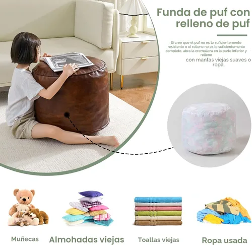 Miniatura 3 de HIGOGOGO Puf redondo de relleno otomano, pufs de piel sintética con relleno de trozos de espuma, puf peludo y esponjoso, taburete de almacenamiento