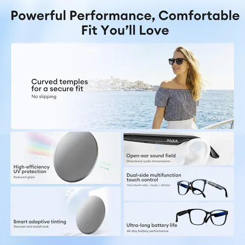 Miniatura 9 de PAXA S7Ultra - Lentes inteligentes AI con lentes fotocromáticos y traducción de 144 idiomas, lentes de sol polarizados Bluetooth 6.0 con altavoz