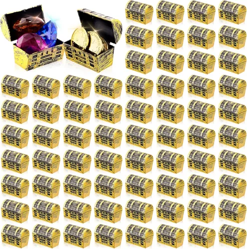 Thyle 100 mini cofres de plástico pirata de Halloween con un acabado dorado, caja de joyería pirata vintage para adultos, cumpleaños, suministros de