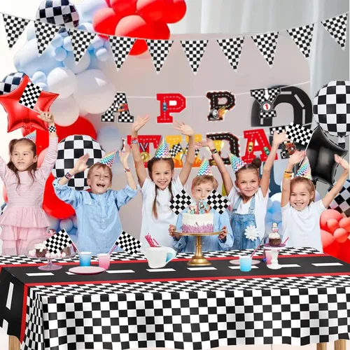 Miniatura 5 de YANMIN Decoraciones de fiesta de cumpleaños de autos de carreras, pancarta de feliz cumpleaños de auto de carreras, manteles de carreras de 54 x 108