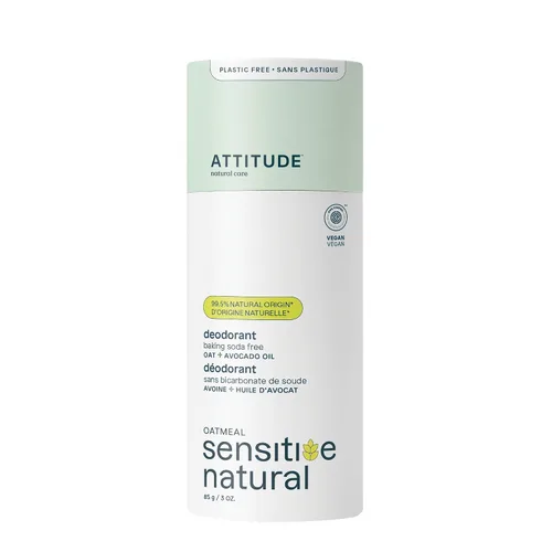ATTITUDE Desodorante sin bicarbonato de sodio para pieles sensibles con avena y aceite de aguacate, verificado por EWG, sin aluminio, sin plástico,