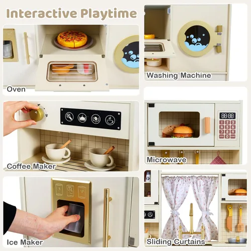 Miniatura 4 de Costzon Cocina de Juego para Niños, Set de Juego de Cocina de Juguete de Madera con Máquina de Hielo, Cafetera, Lavadora, Cortina, Microondas