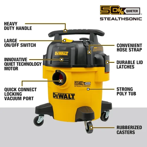 Miniatura 6 de DEWALT Aspiradora Stealthsonic de 5 galones y 4 HP DXV05P-QTB con 6 bolsas de polvo, aspiradora ultra silenciosa de polietileno con potente succión