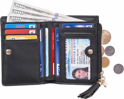 Miniatura 2 de Gostwo Mini monedero delgado plegable para mujer con borla y bolsillo con cremallera para monedas, Negro con llavero, Moda