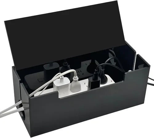 Caja organizadora de cables para cables, 2 ranuras abiertas, organizador de regletas de alimentación debajo del escritorio y almacenamiento de Negro