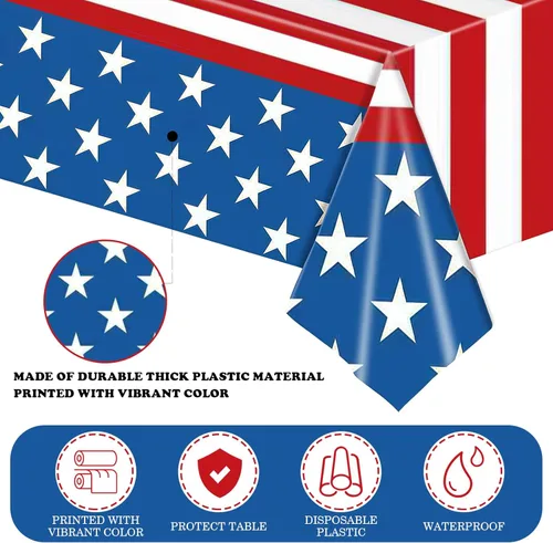 Miniatura 4 de BokingOne 3-Pack 54"x108" American Flag Plastic Tablecloth – Stars & Stripes Design, Disposable for 4th of July, Independence Day, Memorial Day, Rojo