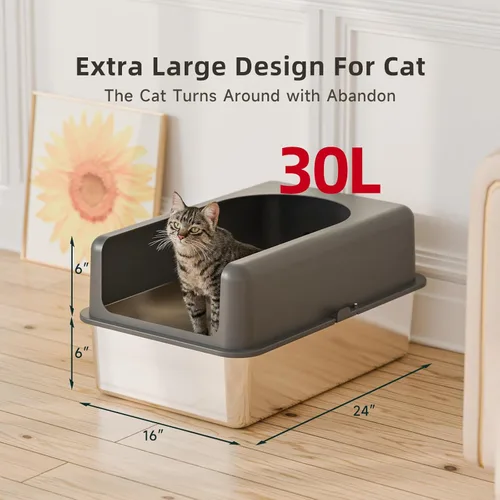 Miniatura 3 de Booche Caja de arena de acero inoxidable para gatos de alta cara, caja de arena de acero inoxidable con tapa, bandeja de arena de metal extragrande