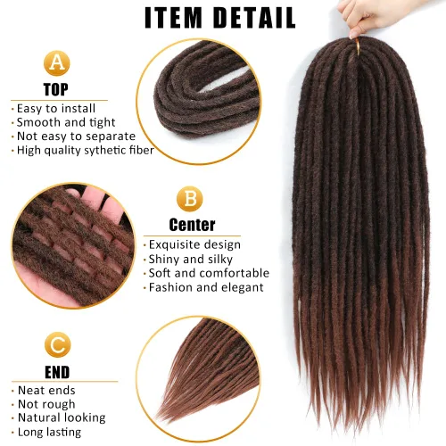 Miniatura 4 de Extensiones de rastas rectas sintéticas de doble extremo, 24 pulgadas, 5 hebras de 0.5 in de ancho, suaves de color negro a marrón oscuro