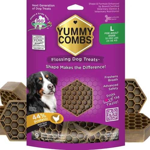 Miniatura 20 de Yummy Combs Golosinas dentales para perros, aprobadas por veterinarios VOHC, deliciosa proteína de pollo, elimina el sarro con forma de peine