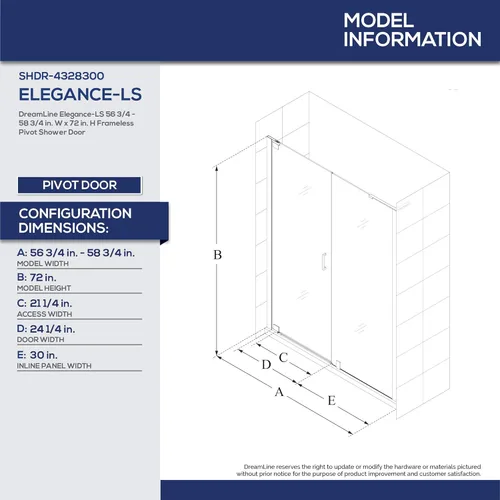 Miniatura 2 de DreamLine Elegance-LS SHDR-4328300-04 - Puerta de ducha pivotante sin marco de 56 3/4 - 58 3/4 pulgadas de ancho x 72 pulgadas de alto en níquel