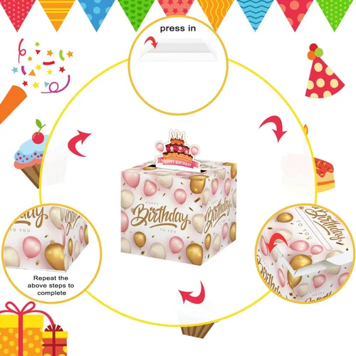 Miniatura 7 de Caja de dinero sorpresa, caja de dinero de feliz cumpleaños para dinero en efectivo, incluye tarjeta de feliz cumpleaños y 35 bolsas transparentes