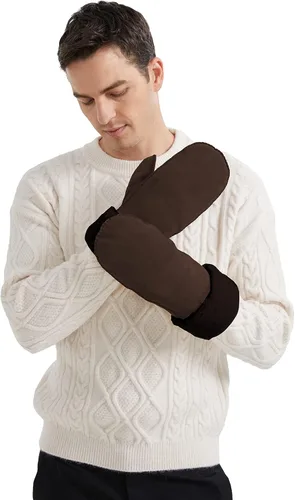 Miniatura 3 de Surblue Manoplas de gamuza de oveja de invierno para hombre, piel de oveja de alta calidad, cálido puño grueso forrado de lana de cordero