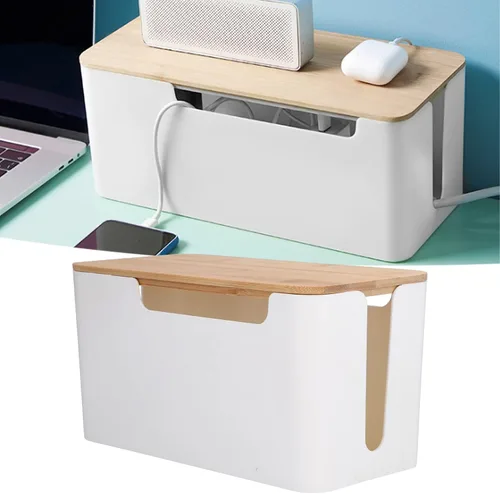 Miniatura 2 de Caja de gestión de cables Caja de almacenamiento de cables pequeña con tapa de madera para cables de TV, enrutadores, ordenadores, cables