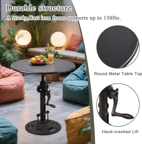 Miniatura 7 de Mesa auxiliar redonda de 19.6 pulgadas, estilo industrial, mesa de té de metal, manivela de mano, mesa auxiliar de altura ajustable para sala