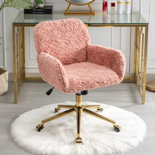 Miniatura 16 de Silla de escritorio giratoria peluda, silla de oficina tapizada de tela de peluche blanca, silla de tocador con ruedas ajustable en altura